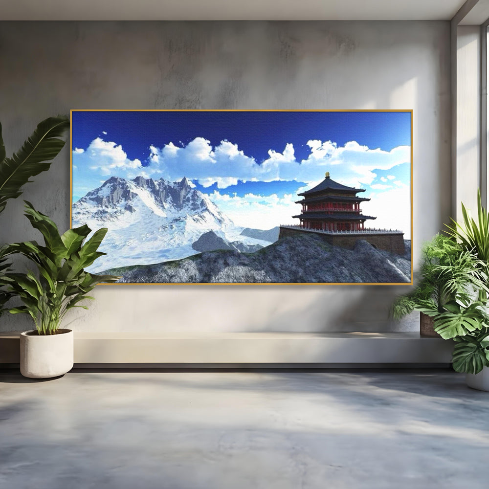 Leinwandbilder Premium LuxCanva® I100, Gipfel Heiligtum, Buddha, Tempel, Berge, Zen, Meditation, Stille, Natur, Spiritualität, Zuflucht, Balance, Wohnen, Schlafzimmer