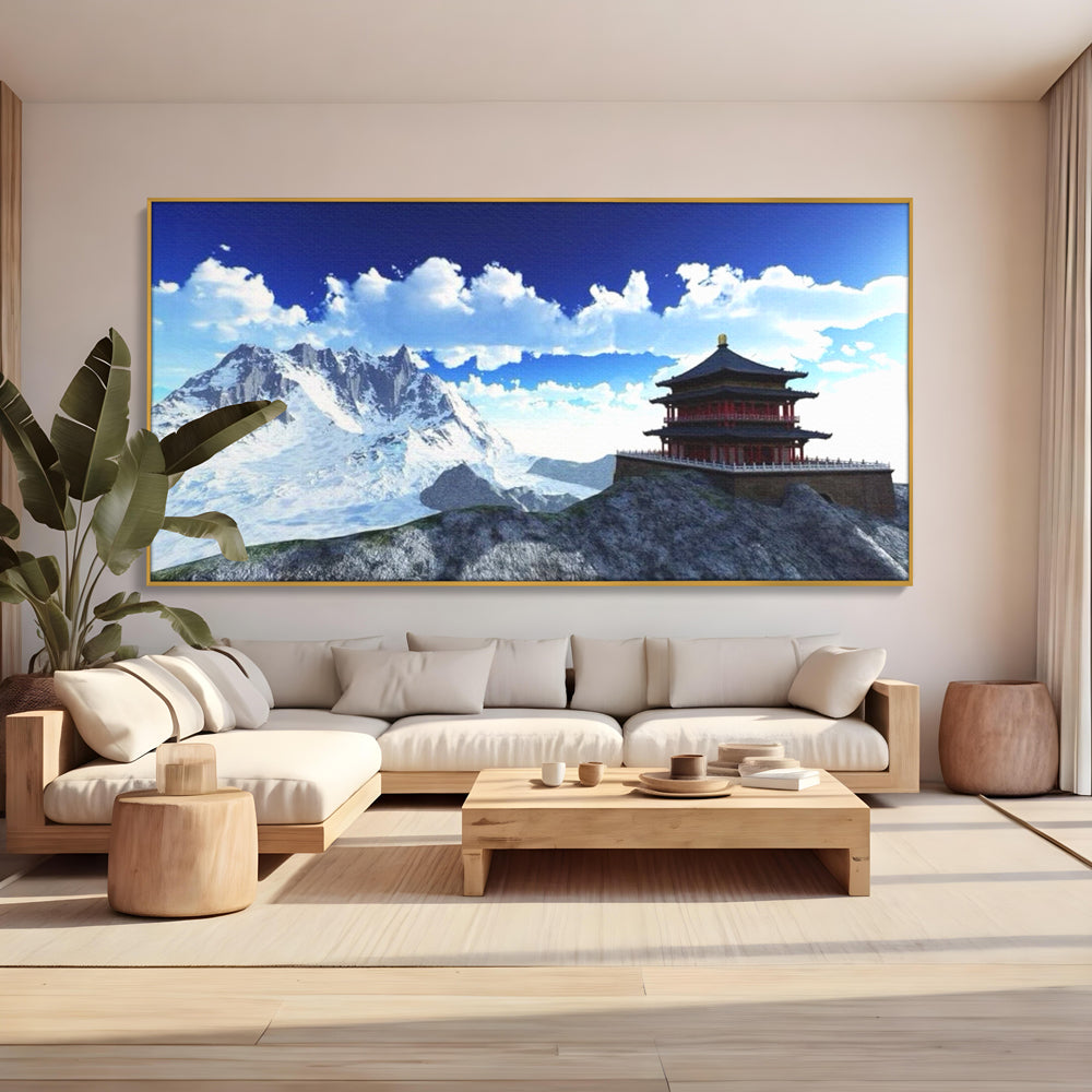 Leinwandbilder Premium LuxCanva® I100, Gipfel Heiligtum, Buddha, Tempel, Berge, Zen, Meditation, Stille, Natur, Spiritualität, Zuflucht, Balance, Wohnen, Schlafzimmer