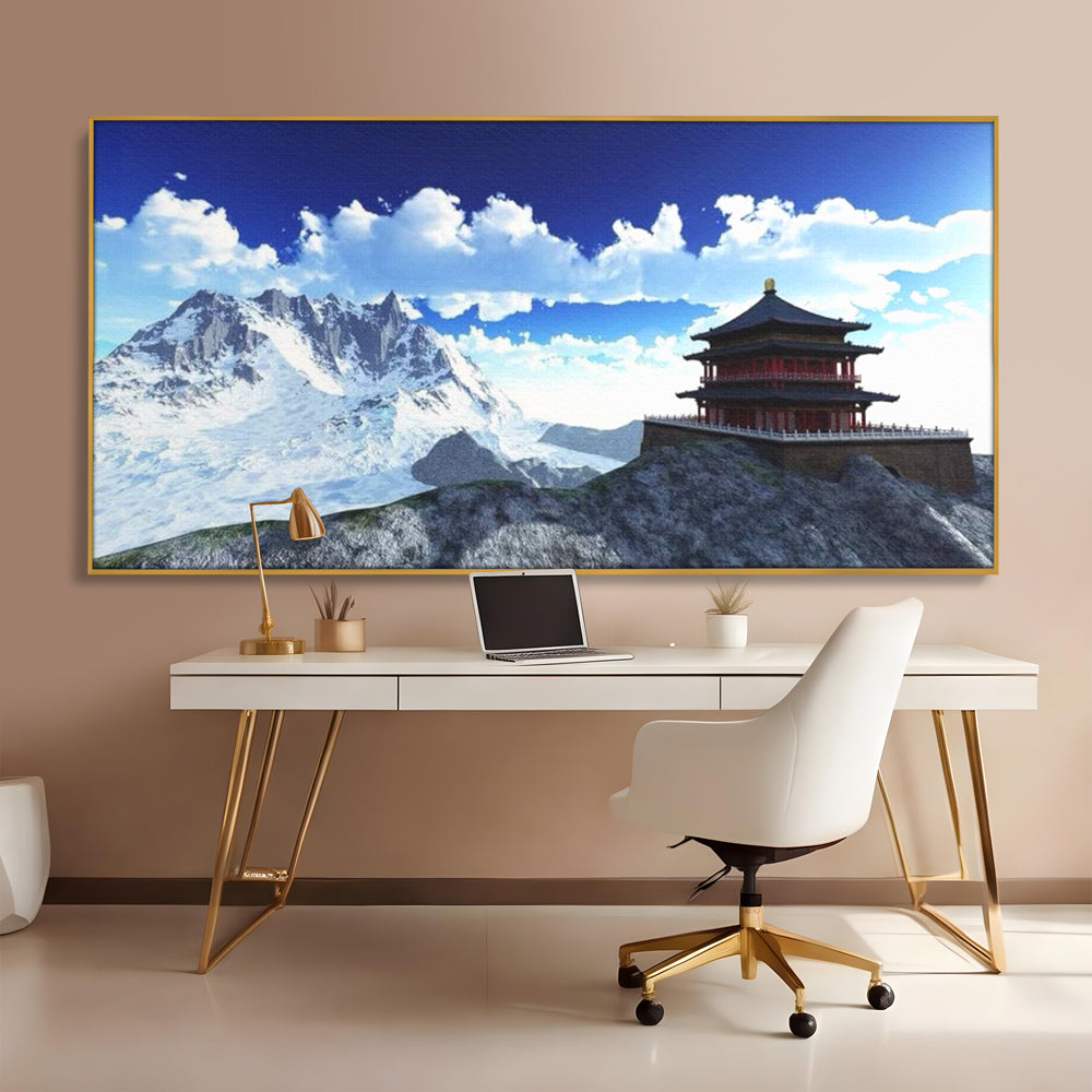 Leinwandbilder Premium LuxCanva® I100, Gipfel Heiligtum, Buddha, Tempel, Berge, Zen, Meditation, Stille, Natur, Spiritualität, Zuflucht, Balance, Wohnen, Schlafzimmer