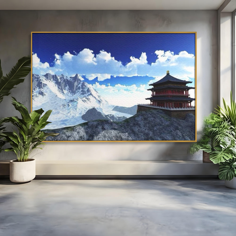 Leinwandbilder Premium LuxCanva® I100, Gipfel Heiligtum, Buddha, Tempel, Berge, Zen, Meditation, Stille, Natur, Spiritualität, Zuflucht, Balance, Wohnen, Schlafzimmer