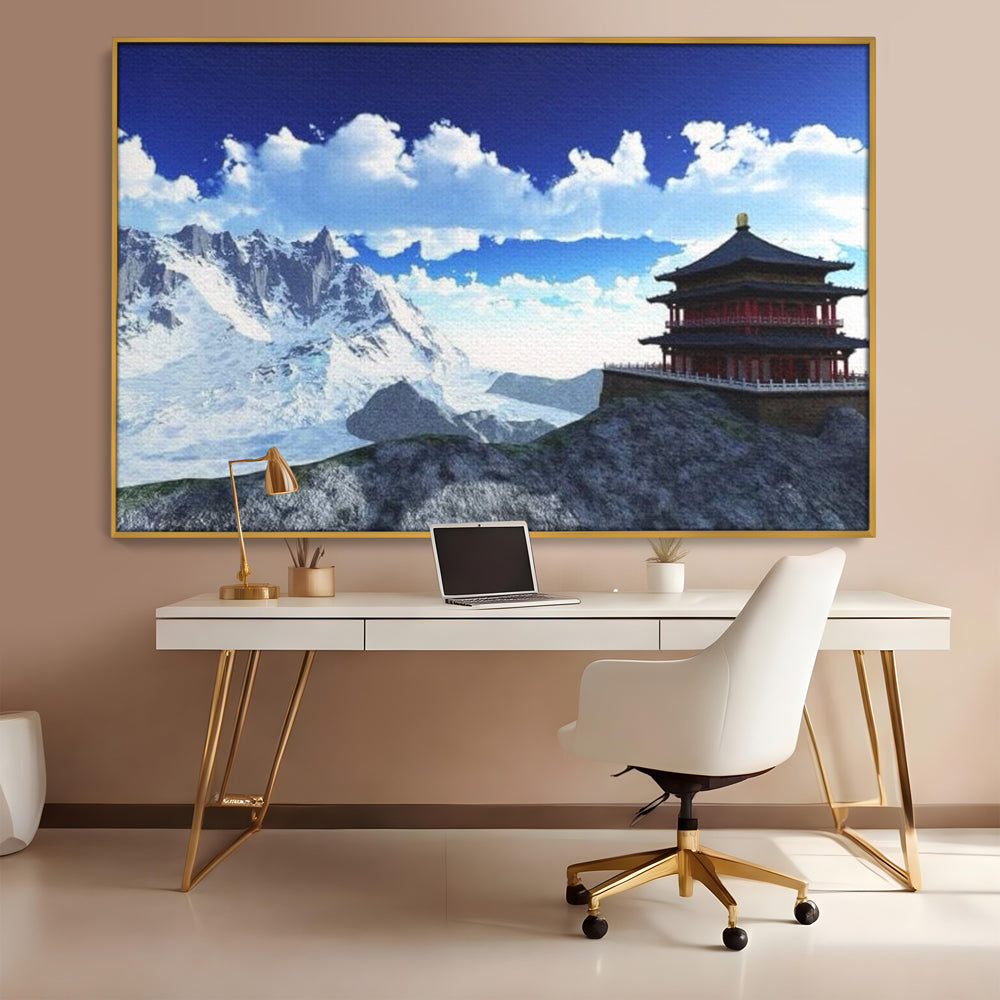 Leinwandbilder Premium LuxCanva® I100, Gipfel Heiligtum, Buddha, Tempel, Berge, Zen, Meditation, Stille, Natur, Spiritualität, Zuflucht, Balance, Wohnen, Schlafzimmer