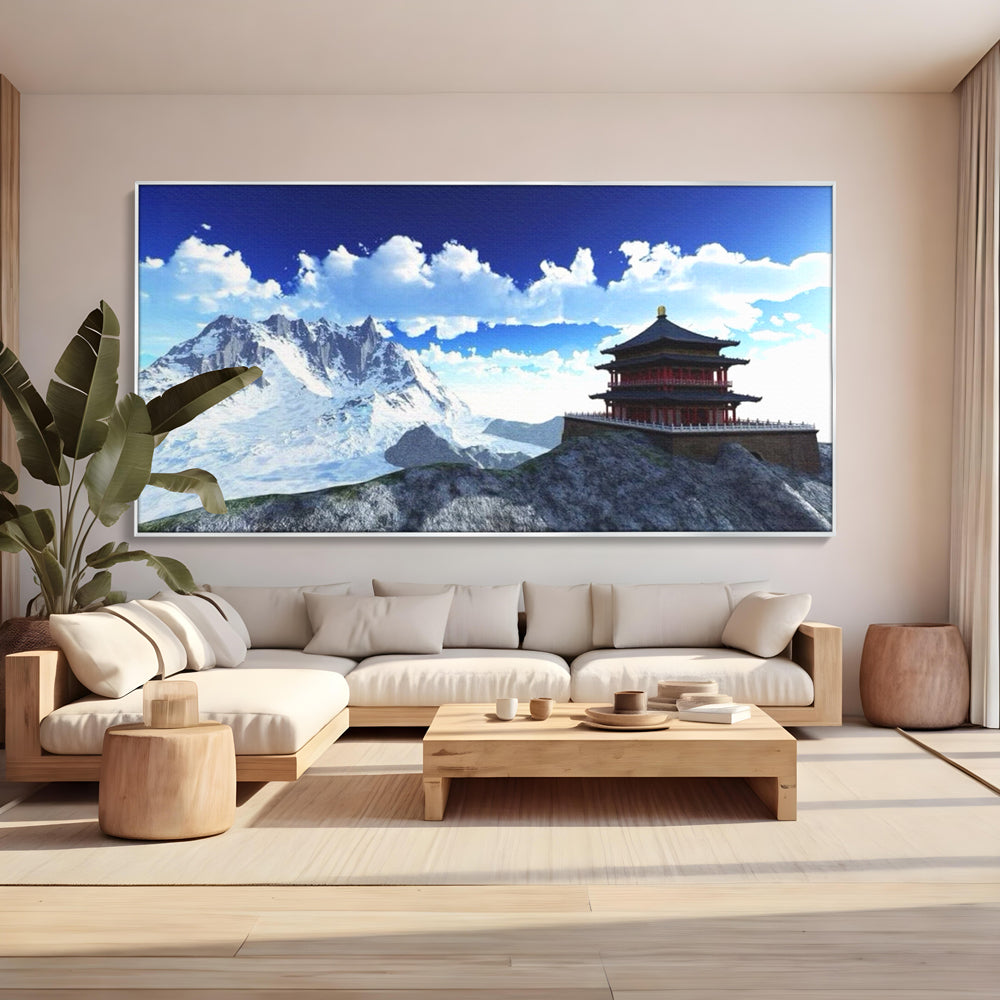 Leinwandbilder Premium LuxCanva® I100, Gipfel Heiligtum, Buddha, Tempel, Berge, Zen, Meditation, Stille, Natur, Spiritualität, Zuflucht, Balance, Wohnen, Schlafzimmer