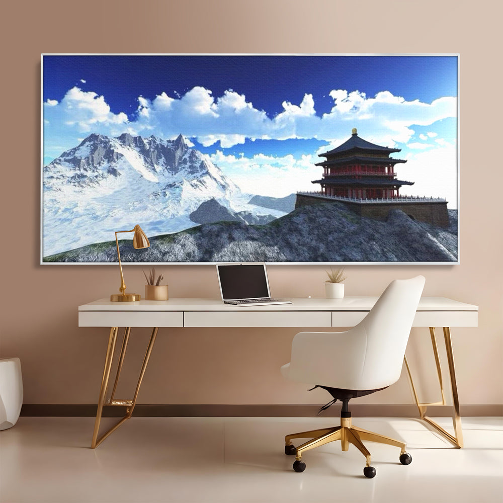 Leinwandbilder Premium LuxCanva® I100, Gipfel Heiligtum, Buddha, Tempel, Berge, Zen, Meditation, Stille, Natur, Spiritualität, Zuflucht, Balance, Wohnen, Schlafzimmer