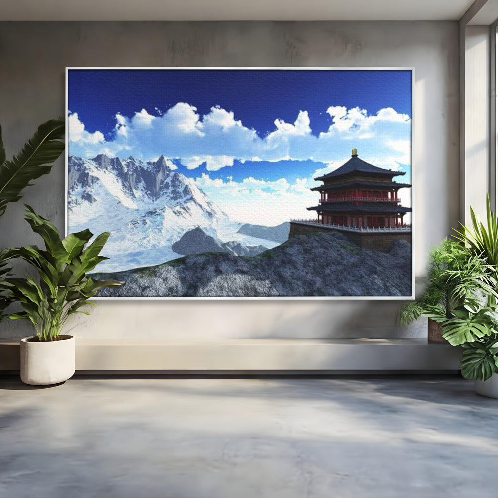 Leinwandbilder Premium LuxCanva® I100, Gipfel Heiligtum, Buddha, Tempel, Berge, Zen, Meditation, Stille, Natur, Spiritualität, Zuflucht, Balance, Wohnen, Schlafzimmer