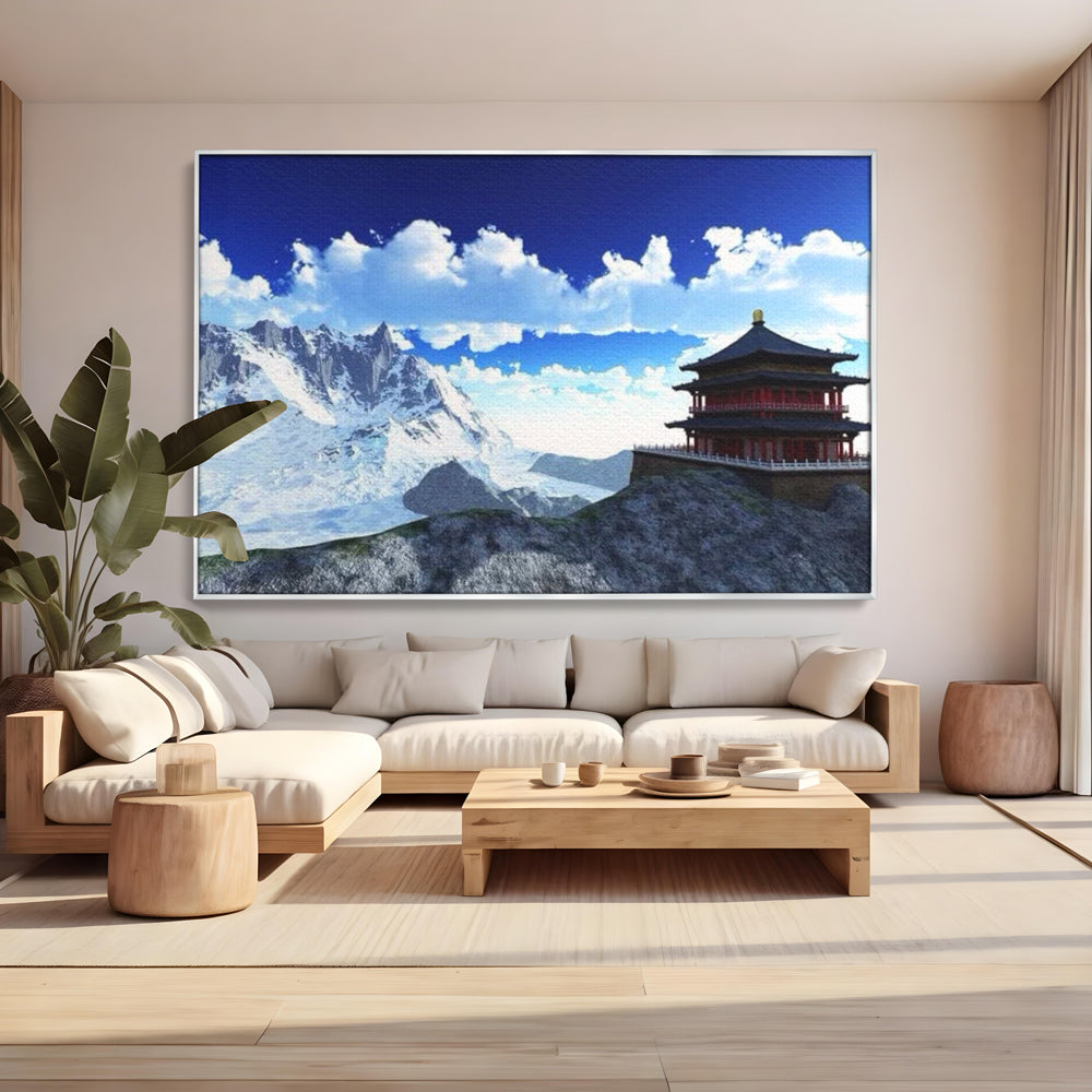 Leinwandbilder Premium LuxCanva® I100, Gipfel Heiligtum, Buddha, Tempel, Berge, Zen, Meditation, Stille, Natur, Spiritualität, Zuflucht, Balance, Wohnen, Schlafzimmer
