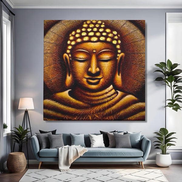 Leinwandbilder Premium LuxCanva® I102, Goldene Gelassenheit, Buddha, Zen, Stille, Meditation, Gold, Golden, Balance, Erleuchtung, Positive Energie, Spiritualität, Wohnen, Schlafzimmer