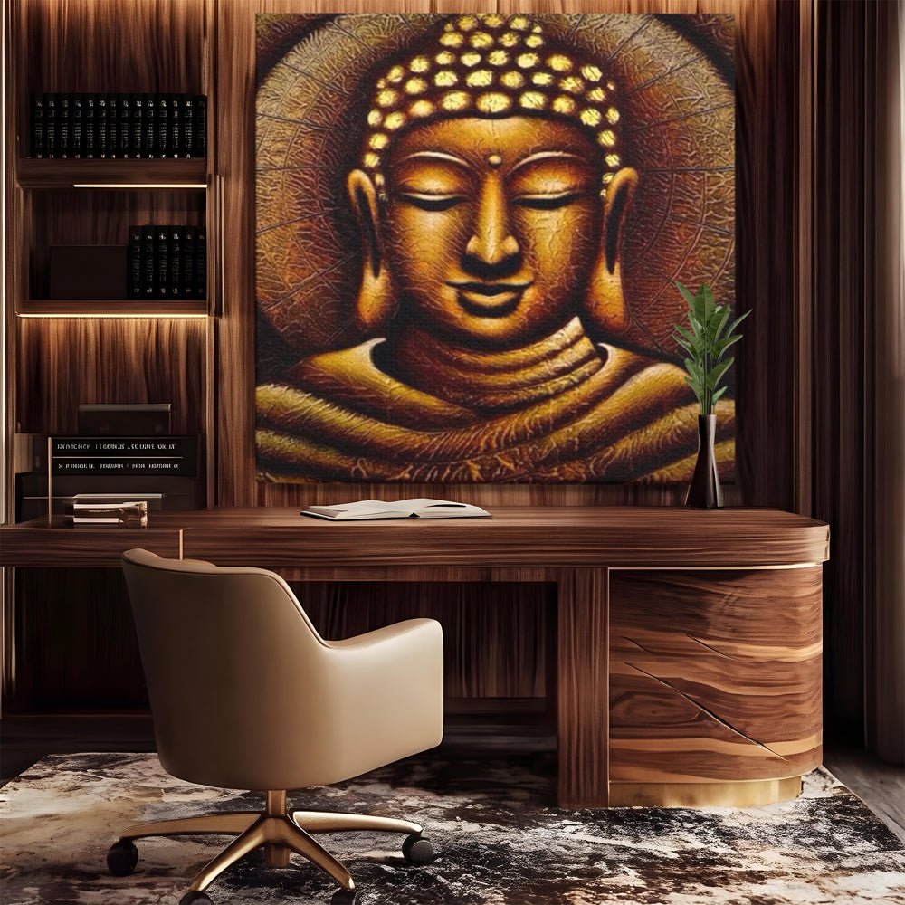 Leinwandbilder Premium LuxCanva® I102, Goldene Gelassenheit, Buddha, Zen, Stille, Meditation, Gold, Golden, Balance, Erleuchtung, Positive Energie, Spiritualität, Wohnen, Schlafzimmer
