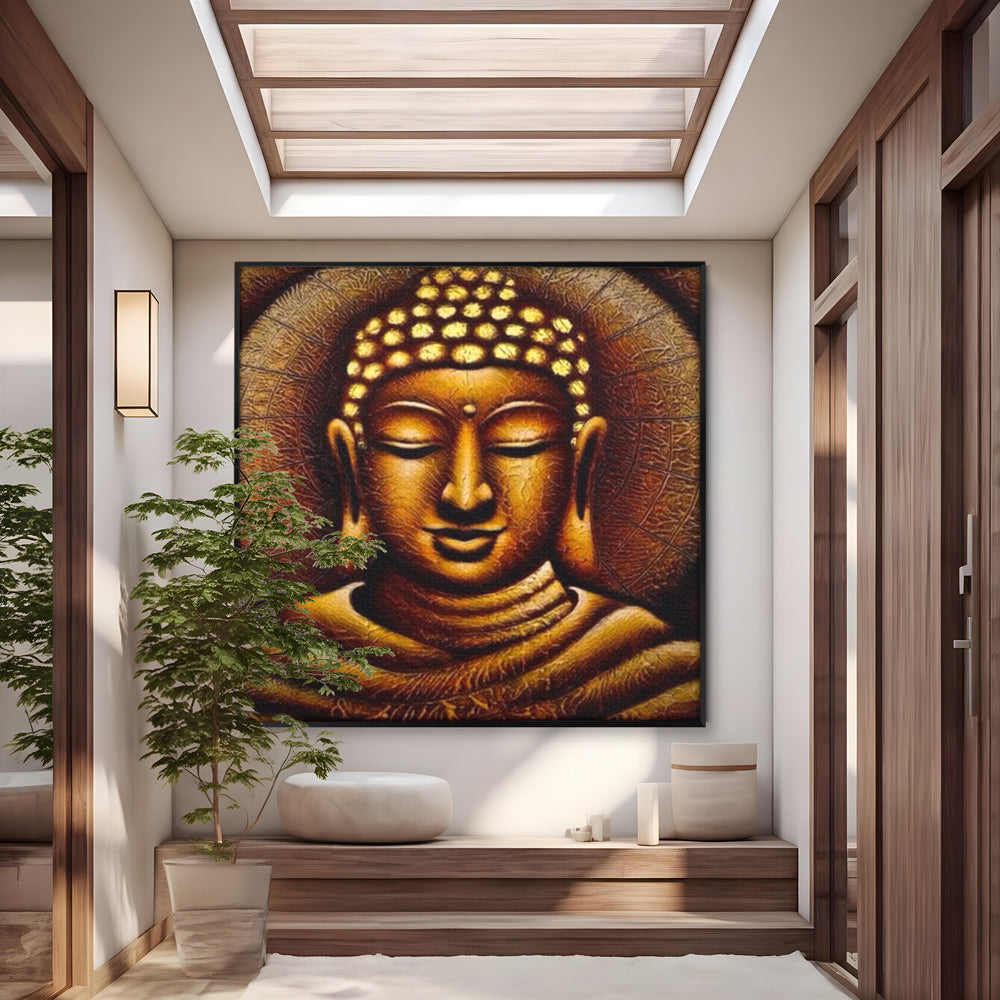 Leinwandbilder Premium LuxCanva® I102, Goldene Gelassenheit, Buddha, Zen, Stille, Meditation, Gold, Golden, Balance, Erleuchtung, Positive Energie, Spiritualität, Wohnen, Schlafzimmer