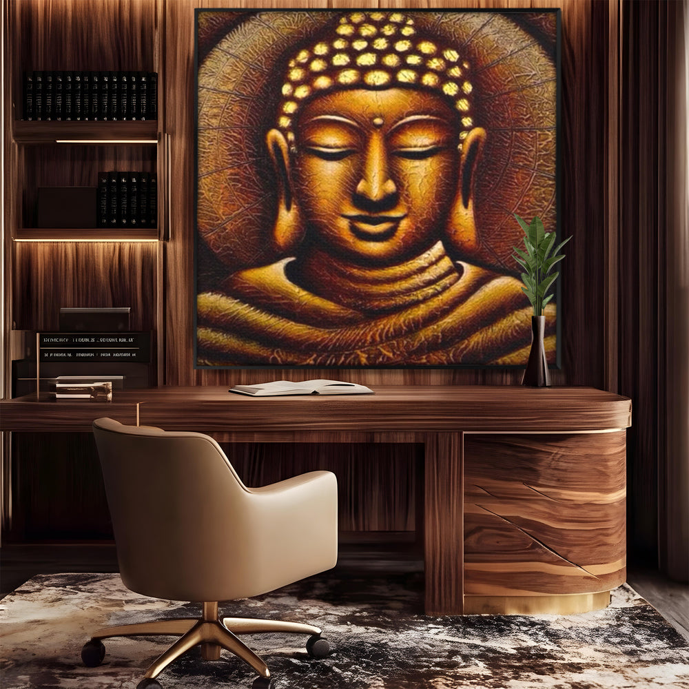 Leinwandbilder Premium LuxCanva® I102, Goldene Gelassenheit, Buddha, Zen, Stille, Meditation, Gold, Golden, Balance, Erleuchtung, Positive Energie, Spiritualität, Wohnen, Schlafzimmer