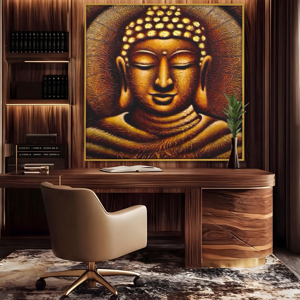 Leinwandbilder Premium LuxCanva® I102, Goldene Gelassenheit, Buddha, Zen, Stille, Meditation, Gold, Golden, Balance, Erleuchtung, Positive Energie, Spiritualität, Wohnen, Schlafzimmer