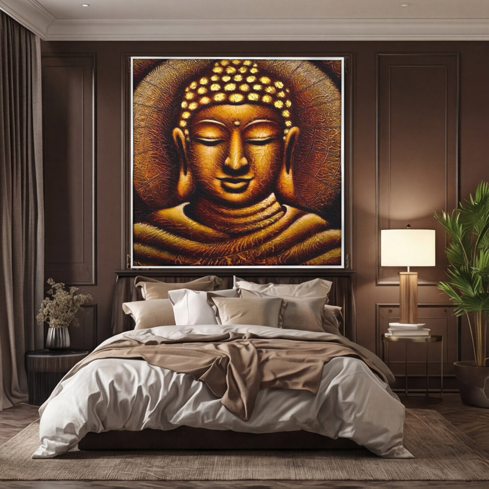 Leinwandbilder Premium LuxCanva® I102, Goldene Gelassenheit, Buddha, Zen, Stille, Meditation, Gold, Golden, Balance, Erleuchtung, Positive Energie, Spiritualität, Wohnen, Schlafzimmer