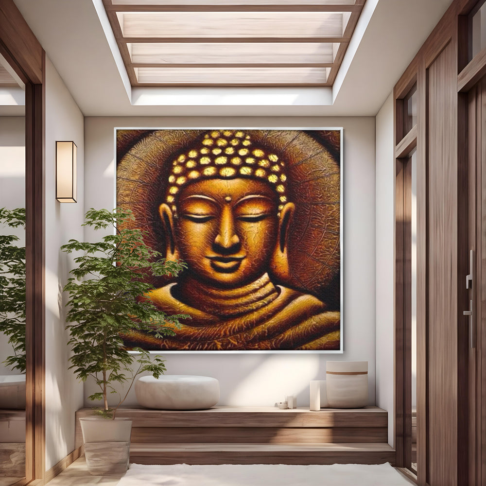 Leinwandbilder Premium LuxCanva® I102, Goldene Gelassenheit, Buddha, Zen, Stille, Meditation, Gold, Golden, Balance, Erleuchtung, Positive Energie, Spiritualität, Wohnen, Schlafzimmer