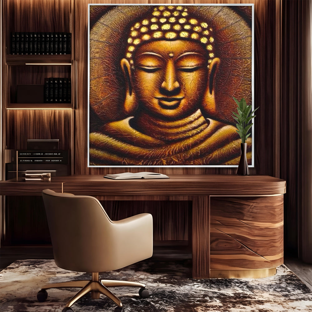 Leinwandbilder Premium LuxCanva® I102, Goldene Gelassenheit, Buddha, Zen, Stille, Meditation, Gold, Golden, Balance, Erleuchtung, Positive Energie, Spiritualität, Wohnen, Schlafzimmer