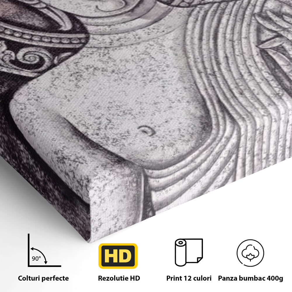 Tablou Canvas Premium LuxCanva® I103, Serenitate in Alb si Negru, Buddha, Zen, Meditatie, Spiritualitate, Liniste, Armonie, Echilibru, Iluminare, Living, Dormitor