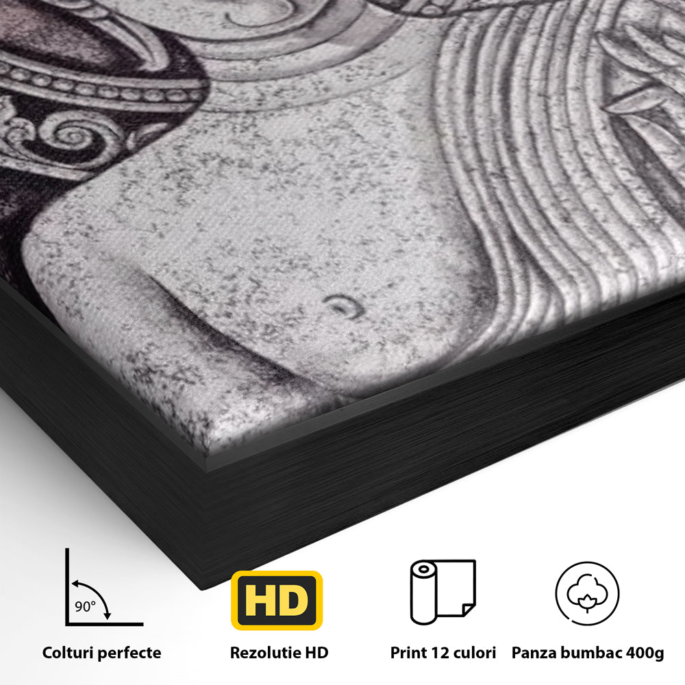 Tablou Canvas Premium LuxCanva® I103, Serenitate in Alb si Negru, Buddha, Zen, Meditatie, Spiritualitate, Liniste, Armonie, Echilibru, Iluminare, Living, Dormitor