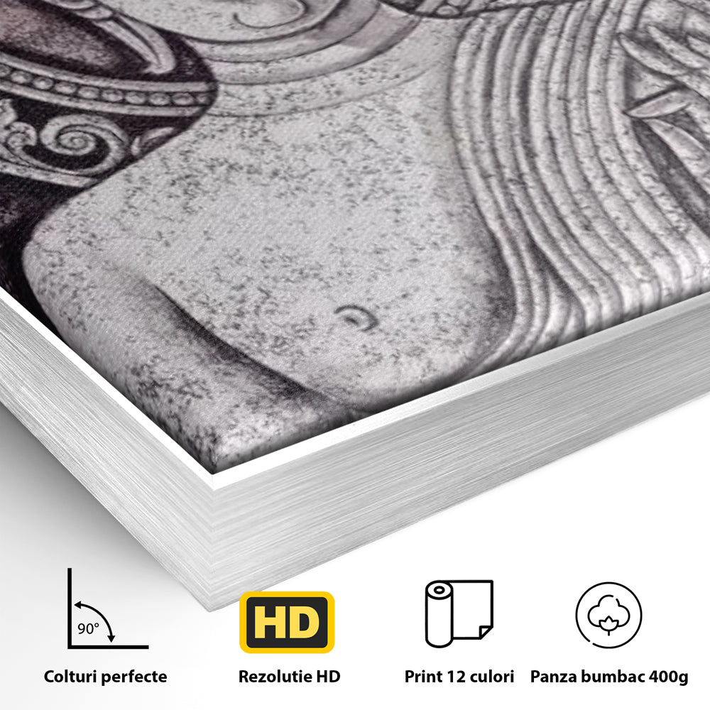 Tablou Canvas Premium LuxCanva® I103, Serenitate in Alb si Negru, Buddha, Zen, Meditatie, Spiritualitate, Liniste, Armonie, Echilibru, Iluminare, Living, Dormitor