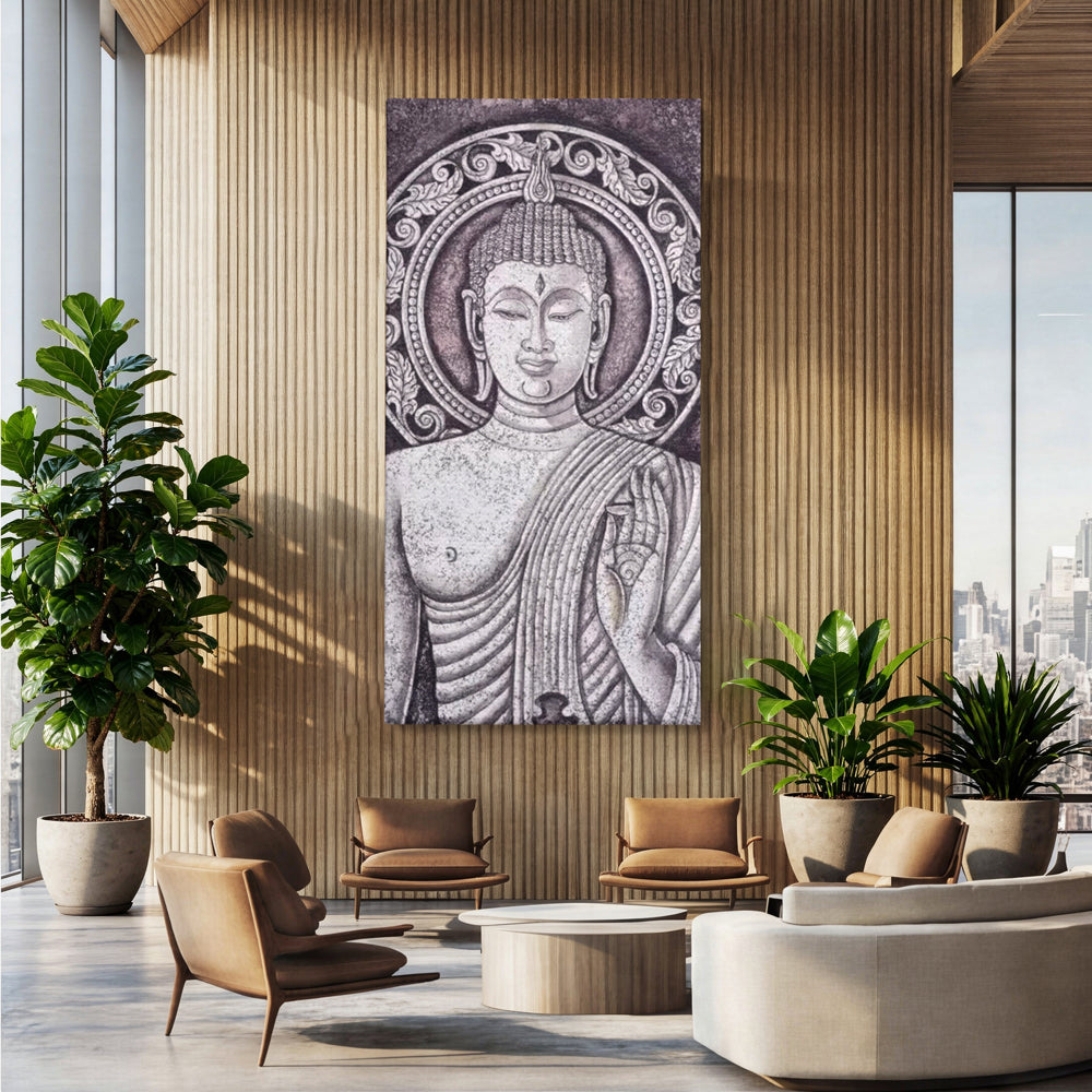 Tablou Canvas Premium LuxCanva® I103, Serenitate in Alb si Negru, Buddha, Zen, Meditatie, Spiritualitate, Liniste, Armonie, Echilibru, Iluminare, Living, Dormitor