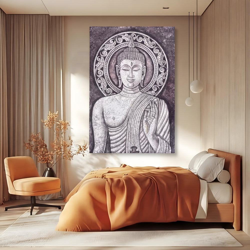 Tablou Canvas Premium LuxCanva® I103, Serenitate in Alb si Negru, Buddha, Zen, Meditatie, Spiritualitate, Liniste, Armonie, Echilibru, Iluminare, Living, Dormitor