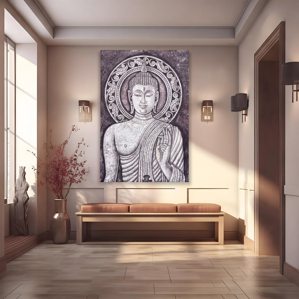 Tablou Canvas Premium LuxCanva® I103, Serenitate in Alb si Negru, Buddha, Zen, Meditatie, Spiritualitate, Liniste, Armonie, Echilibru, Iluminare, Living, Dormitor