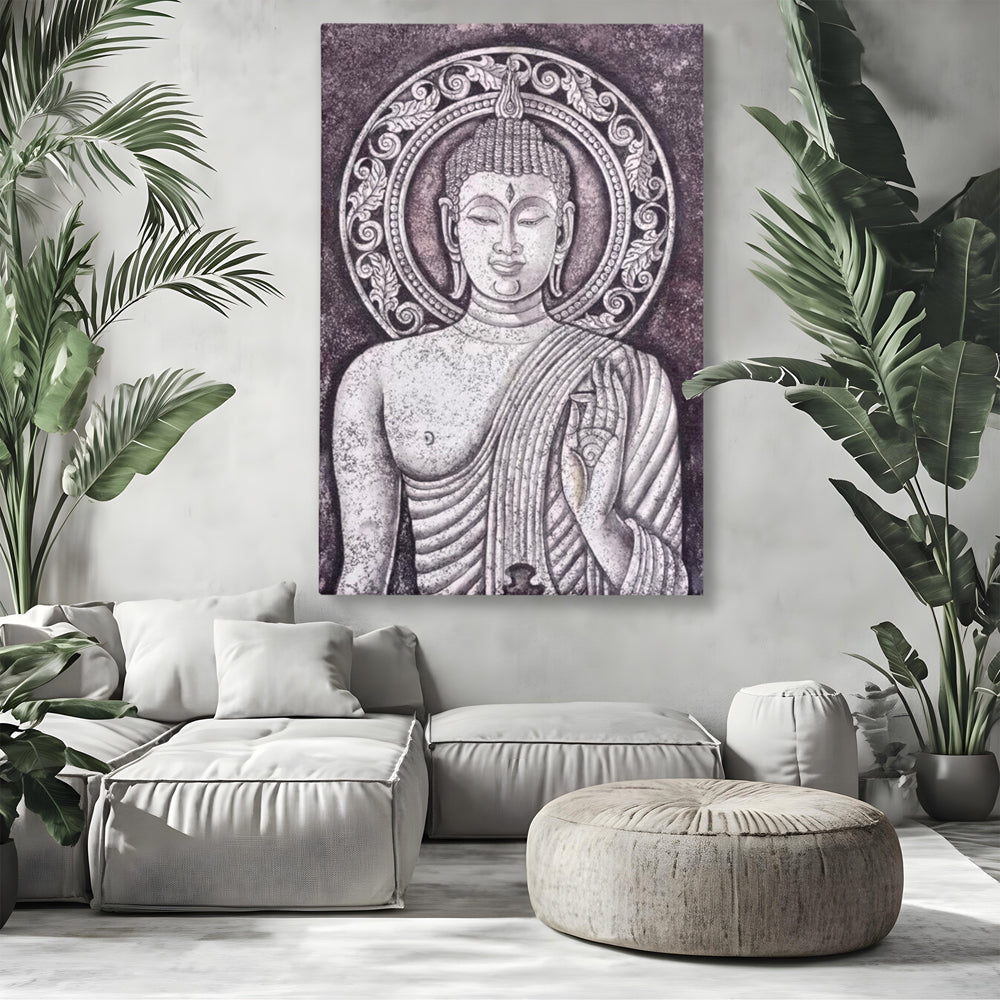 Tablou Canvas Premium LuxCanva® I103, Serenitate in Alb si Negru, Buddha, Zen, Meditatie, Spiritualitate, Liniste, Armonie, Echilibru, Iluminare, Living, Dormitor