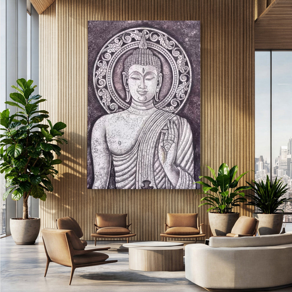 Tablou Canvas Premium LuxCanva® I103, Serenitate in Alb si Negru, Buddha, Zen, Meditatie, Spiritualitate, Liniste, Armonie, Echilibru, Iluminare, Living, Dormitor