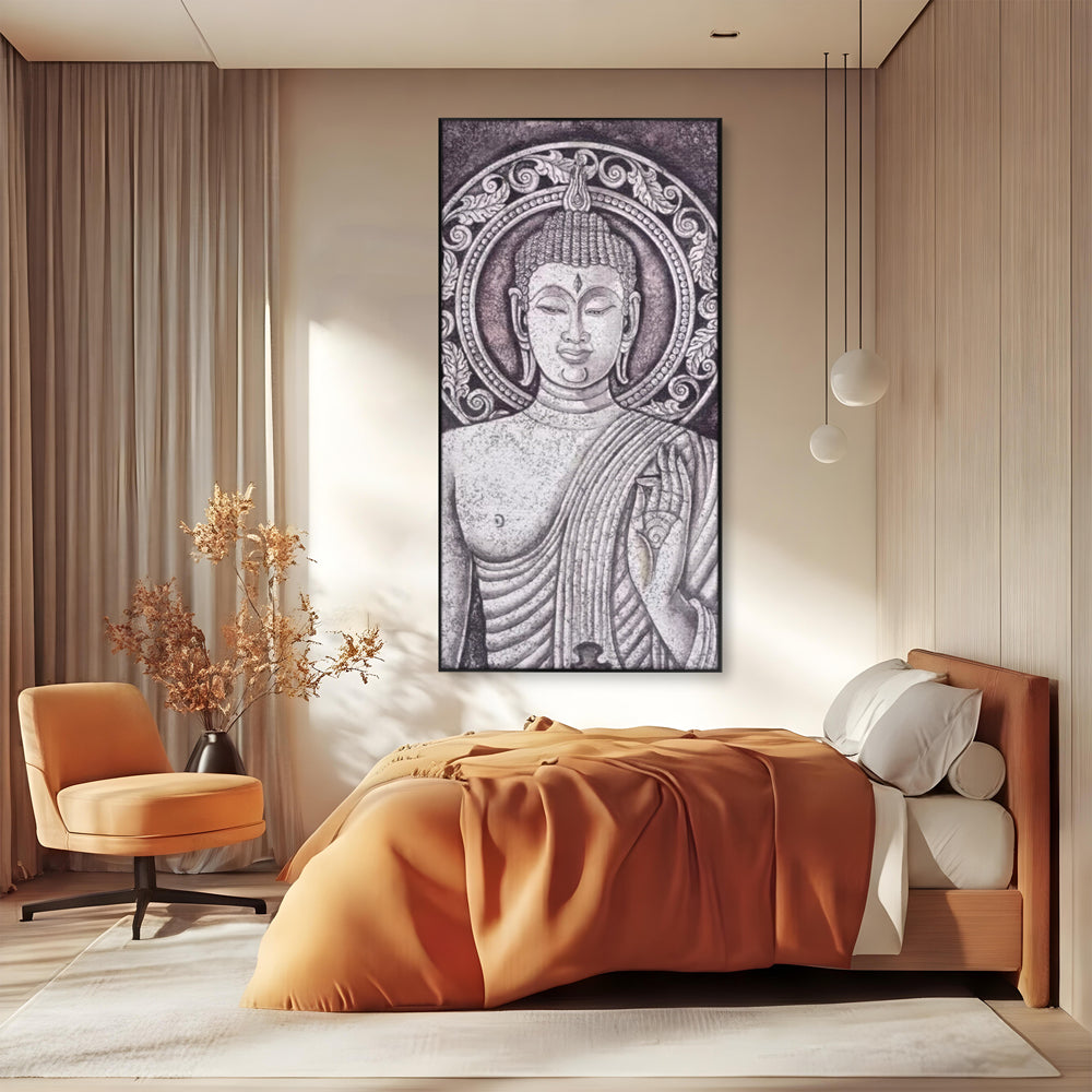 Tablou Canvas Premium LuxCanva® I103, Serenitate in Alb si Negru, Buddha, Zen, Meditatie, Spiritualitate, Liniste, Armonie, Echilibru, Iluminare, Living, Dormitor