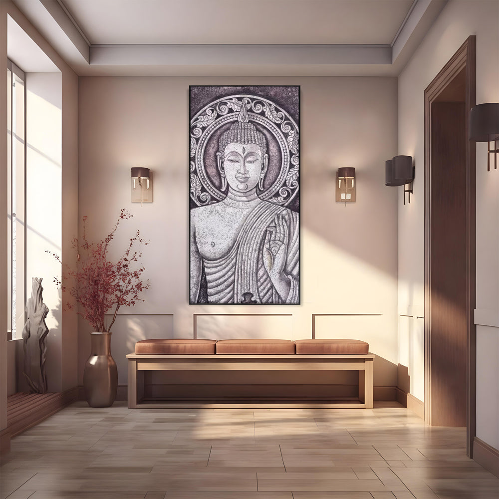 Tablou Canvas Premium LuxCanva® I103, Serenitate in Alb si Negru, Buddha, Zen, Meditatie, Spiritualitate, Liniste, Armonie, Echilibru, Iluminare, Living, Dormitor