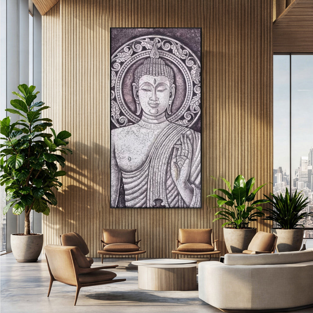 Tablou Canvas Premium LuxCanva® I103, Serenitate in Alb si Negru, Buddha, Zen, Meditatie, Spiritualitate, Liniste, Armonie, Echilibru, Iluminare, Living, Dormitor