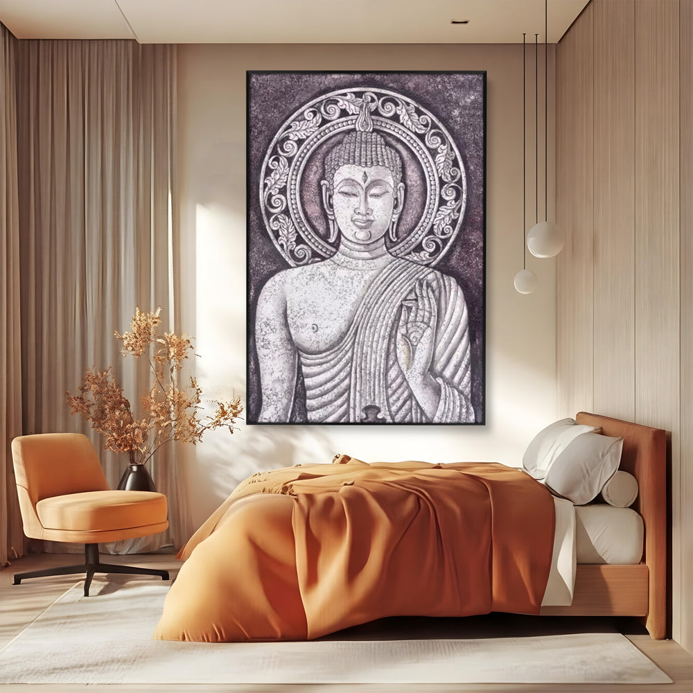 Tablou Canvas Premium LuxCanva® I103, Serenitate in Alb si Negru, Buddha, Zen, Meditatie, Spiritualitate, Liniste, Armonie, Echilibru, Iluminare, Living, Dormitor