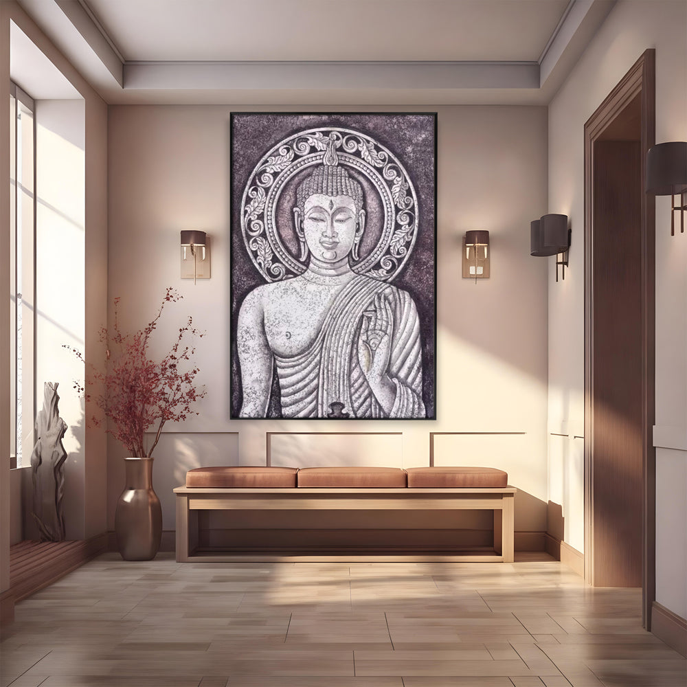 Tablou Canvas Premium LuxCanva® I103, Serenitate in Alb si Negru, Buddha, Zen, Meditatie, Spiritualitate, Liniste, Armonie, Echilibru, Iluminare, Living, Dormitor