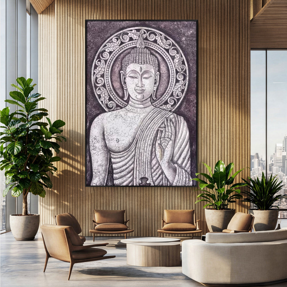 Tablou Canvas Premium LuxCanva® I103, Serenitate in Alb si Negru, Buddha, Zen, Meditatie, Spiritualitate, Liniste, Armonie, Echilibru, Iluminare, Living, Dormitor