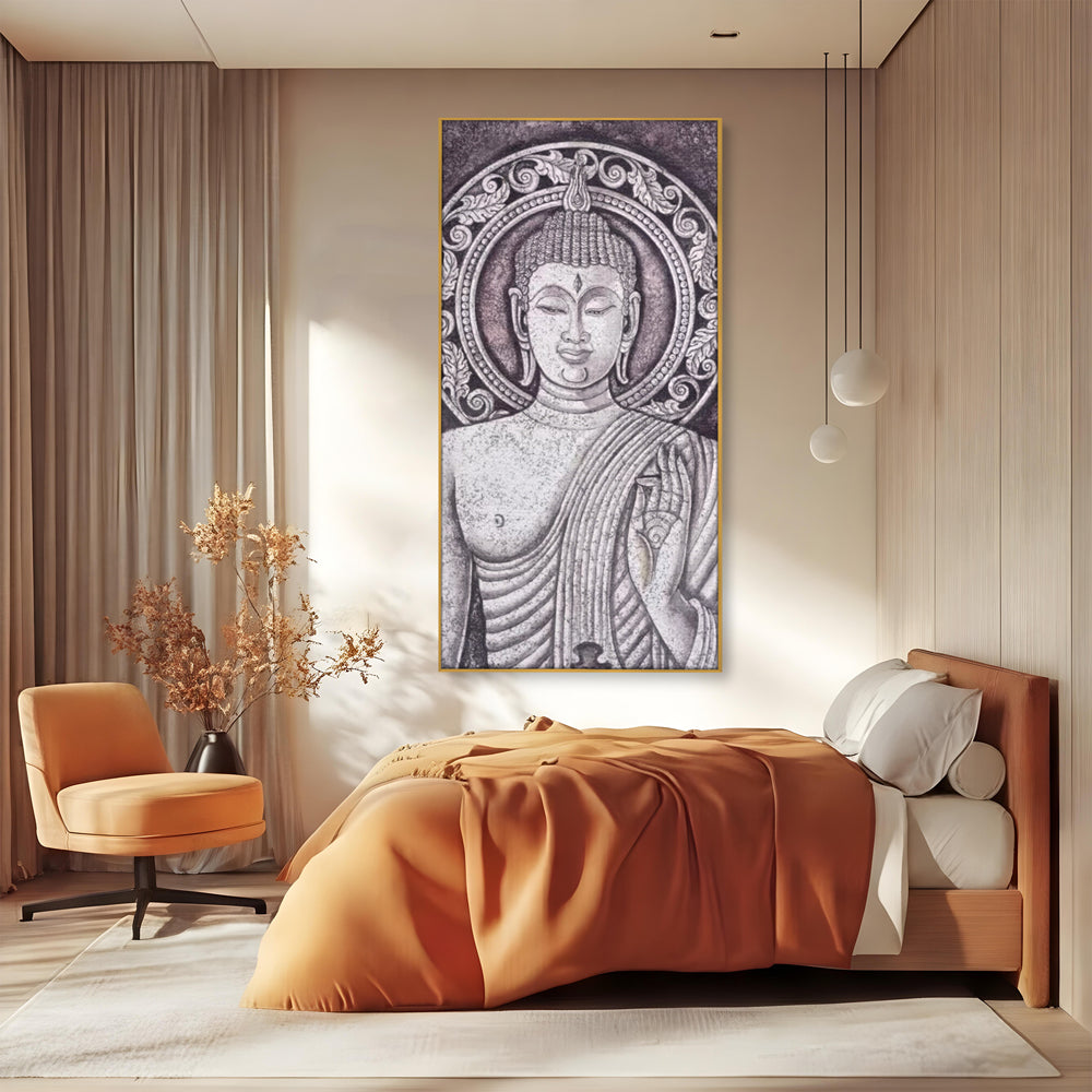 Tablou Canvas Premium LuxCanva® I103, Serenitate in Alb si Negru, Buddha, Zen, Meditatie, Spiritualitate, Liniste, Armonie, Echilibru, Iluminare, Living, Dormitor