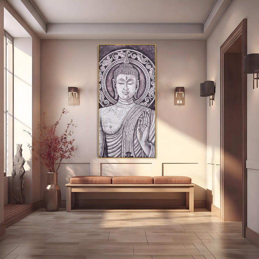 Tablou Canvas Premium LuxCanva® I103, Serenitate in Alb si Negru, Buddha, Zen, Meditatie, Spiritualitate, Liniste, Armonie, Echilibru, Iluminare, Living, Dormitor