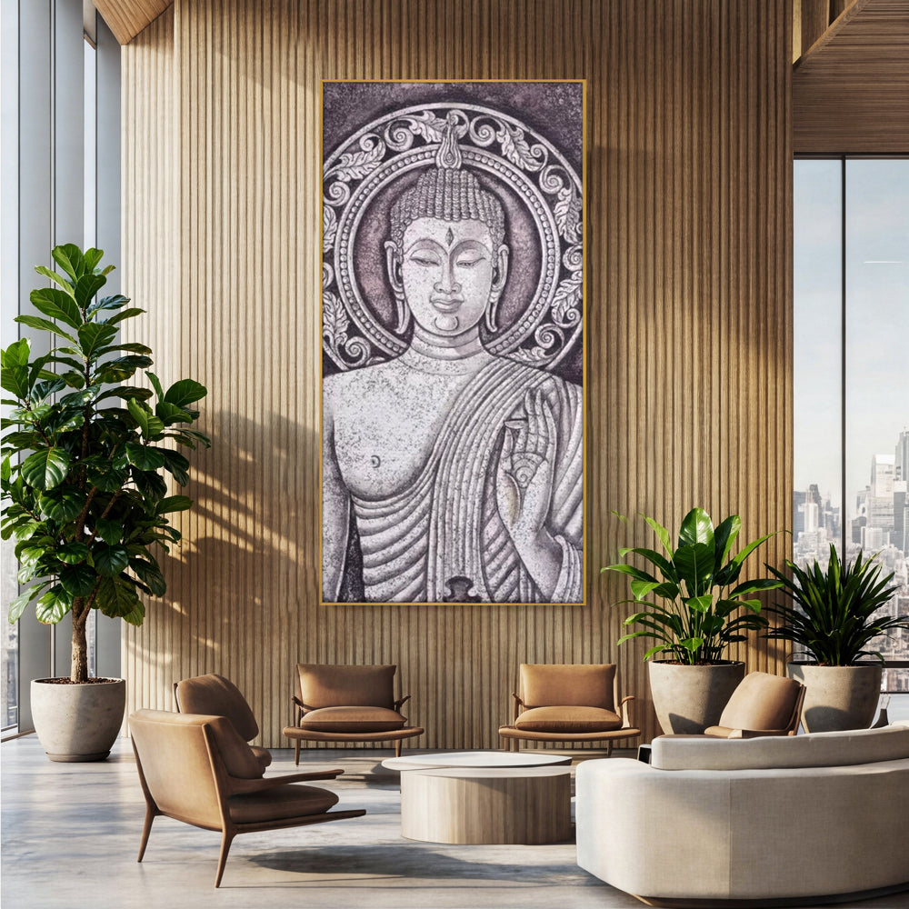 Tablou Canvas Premium LuxCanva® I103, Serenitate in Alb si Negru, Buddha, Zen, Meditatie, Spiritualitate, Liniste, Armonie, Echilibru, Iluminare, Living, Dormitor
