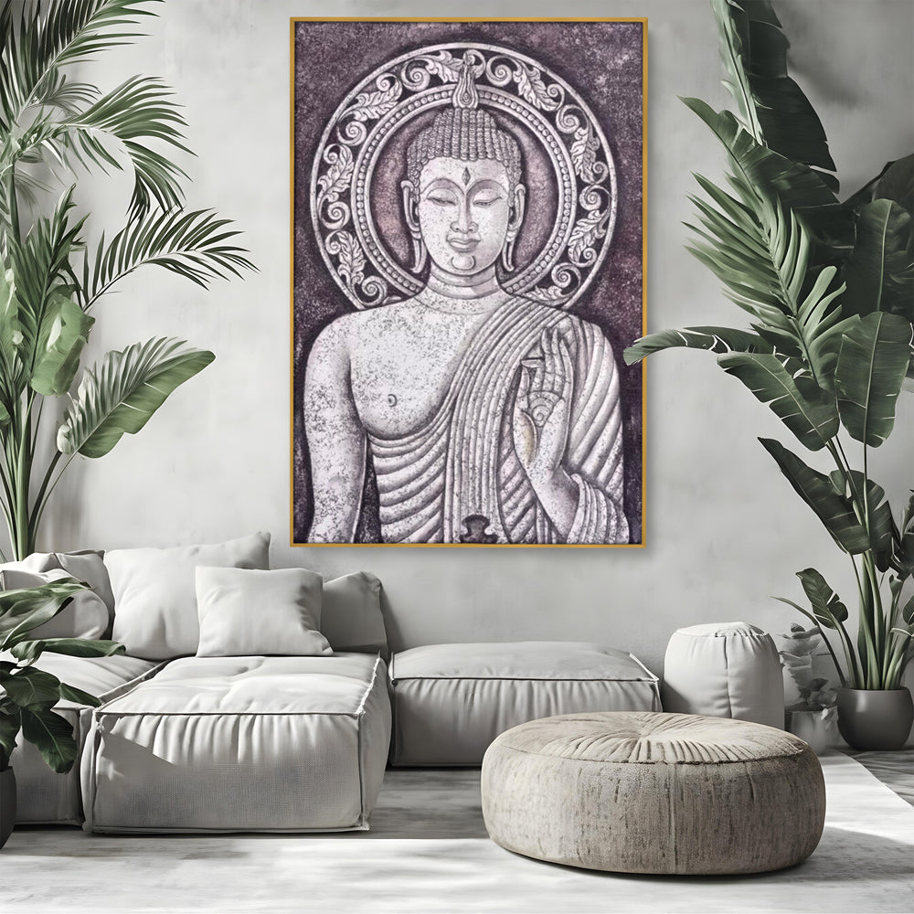 Tablou Canvas Premium LuxCanva® I103, Serenitate in Alb si Negru, Buddha, Zen, Meditatie, Spiritualitate, Liniste, Armonie, Echilibru, Iluminare, Living, Dormitor