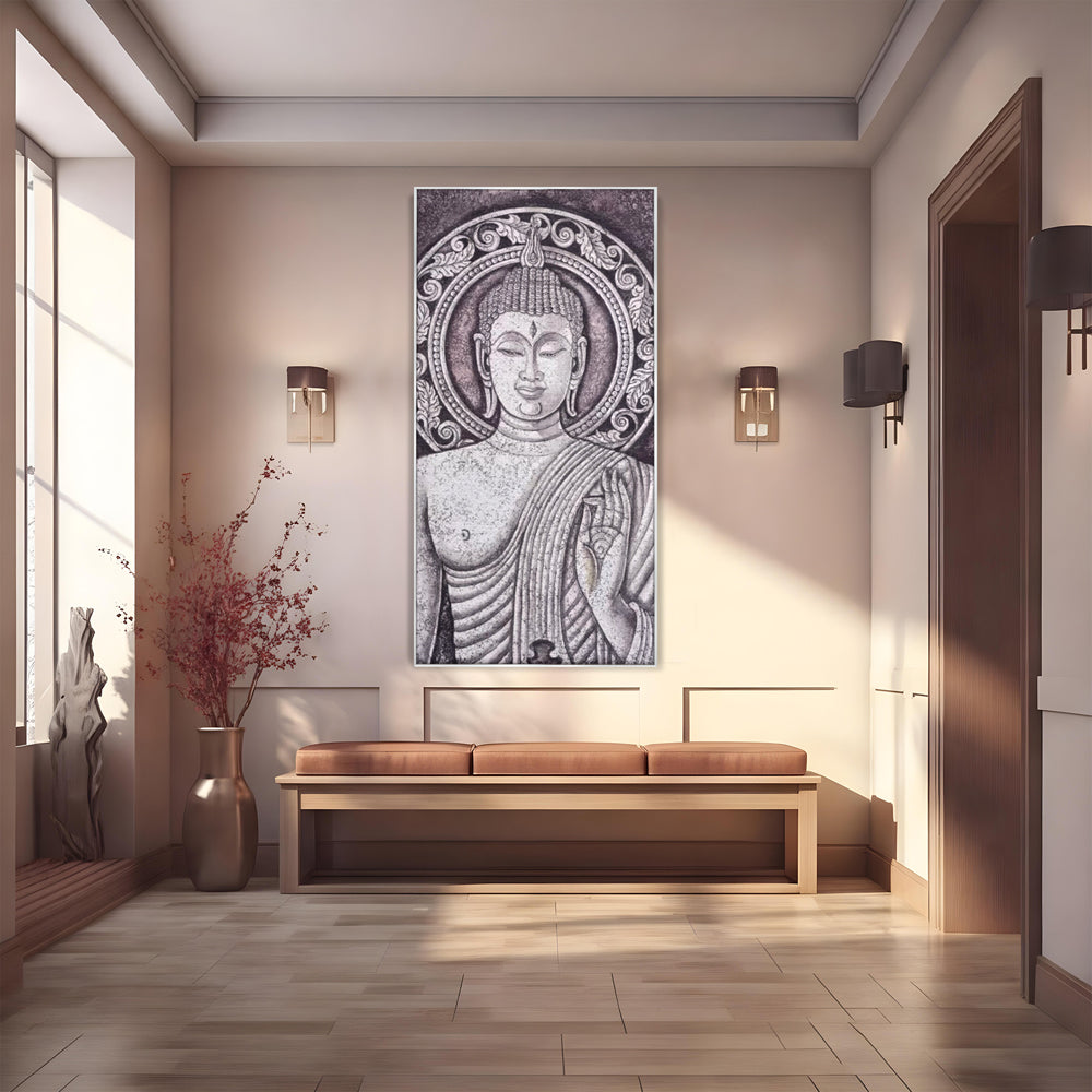 Tablou Canvas Premium LuxCanva® I103, Serenitate in Alb si Negru, Buddha, Zen, Meditatie, Spiritualitate, Liniste, Armonie, Echilibru, Iluminare, Living, Dormitor