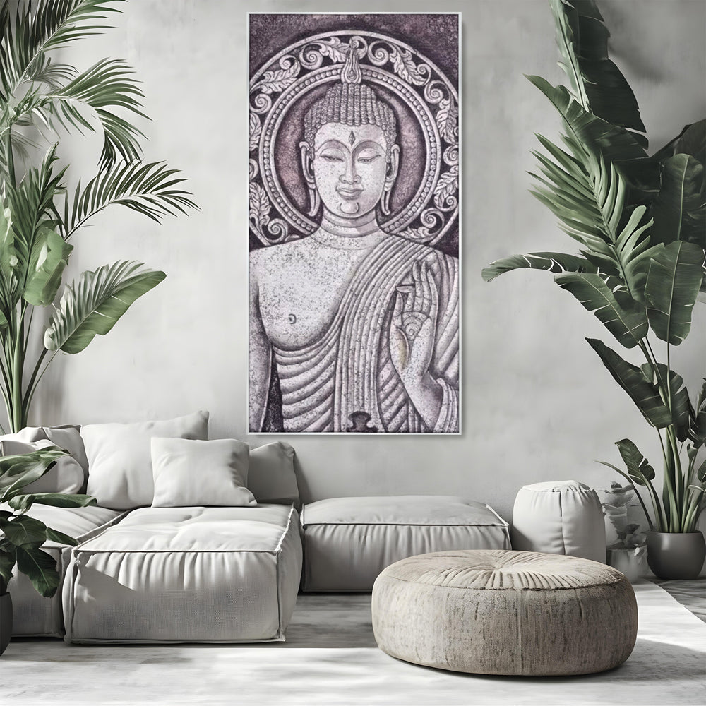Tablou Canvas Premium LuxCanva® I103, Serenitate in Alb si Negru, Buddha, Zen, Meditatie, Spiritualitate, Liniste, Armonie, Echilibru, Iluminare, Living, Dormitor