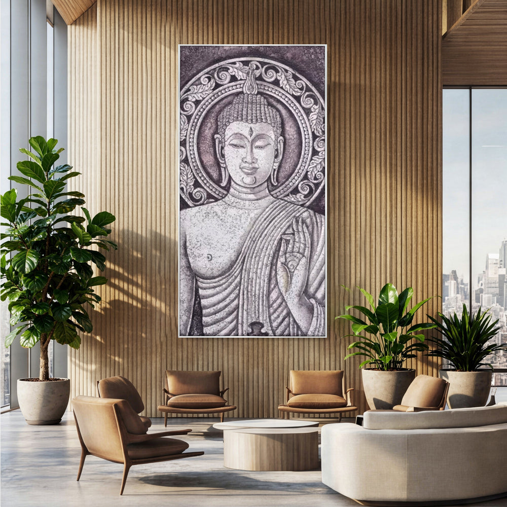 Tablou Canvas Premium LuxCanva® I103, Serenitate in Alb si Negru, Buddha, Zen, Meditatie, Spiritualitate, Liniste, Armonie, Echilibru, Iluminare, Living, Dormitor