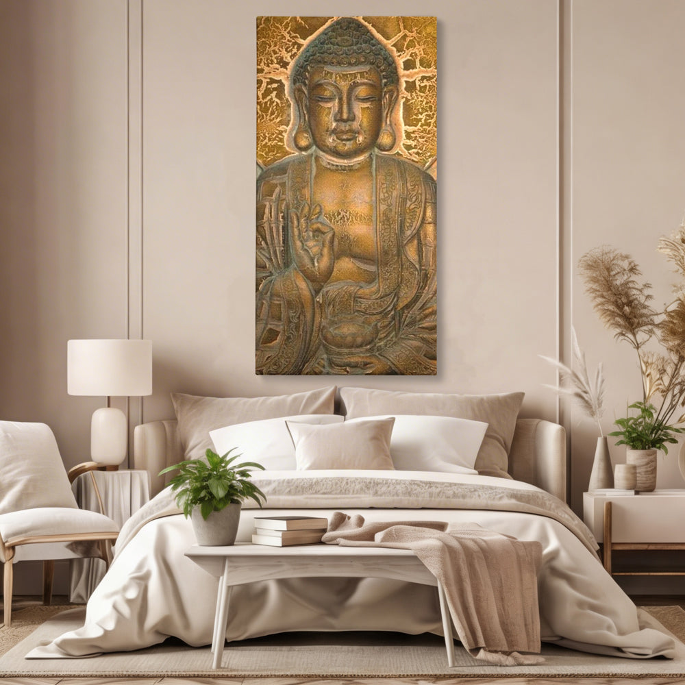 Tablou Canvas Premium LuxCanva® I104, Aur si Intelepciune, Buddha, Aur, Zen, Meditatie, Pace, Liniste, Echilibru, Energie, Spiritualitate, Lotus, Living, Dormitor