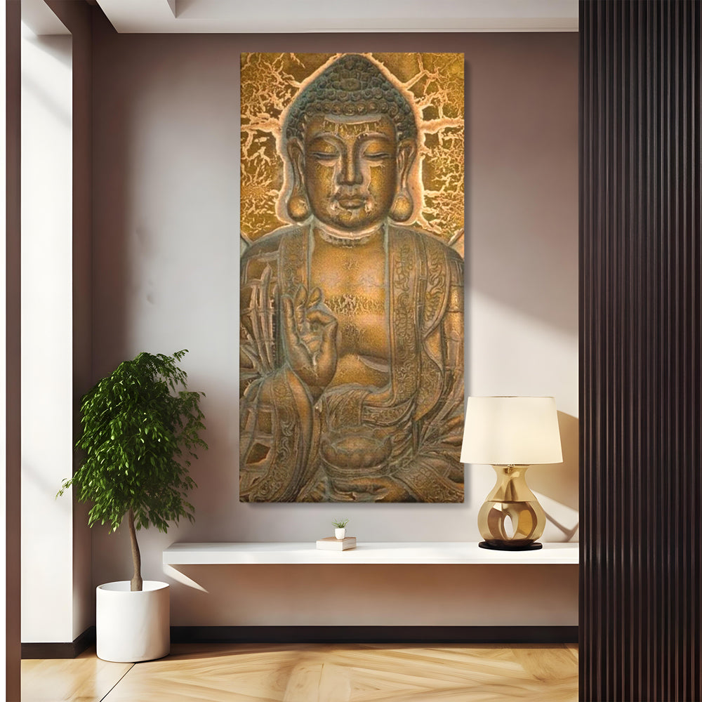 Tablou Canvas Premium LuxCanva® I104, Aur si Intelepciune, Buddha, Aur, Zen, Meditatie, Pace, Liniste, Echilibru, Energie, Spiritualitate, Lotus, Living, Dormitor