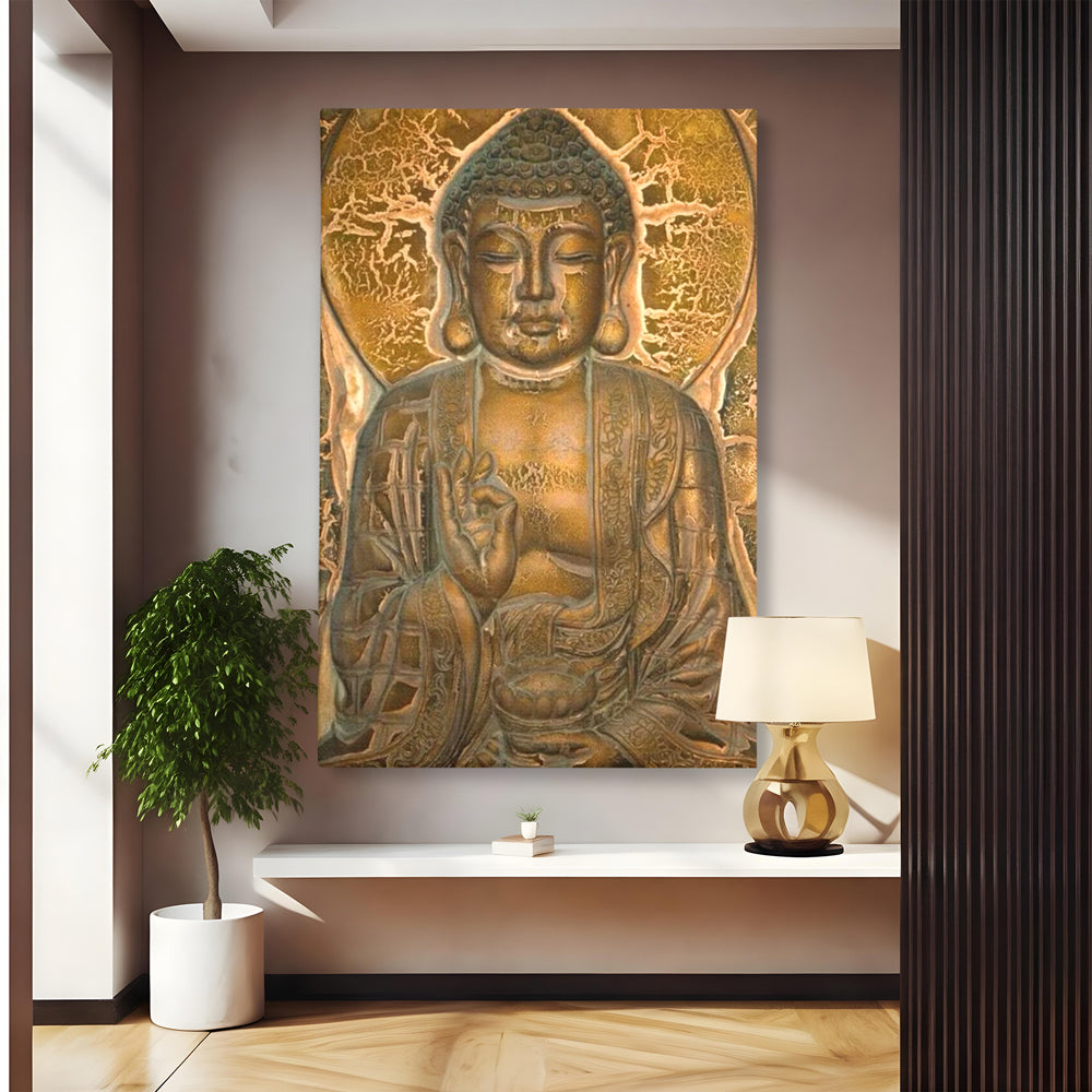 Tablou Canvas Premium LuxCanva® I104, Aur si Intelepciune, Buddha, Aur, Zen, Meditatie, Pace, Liniste, Echilibru, Energie, Spiritualitate, Lotus, Living, Dormitor