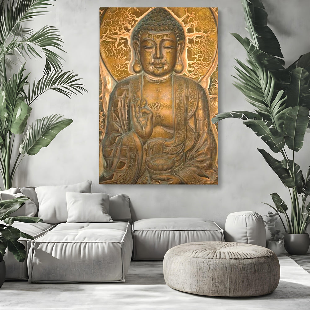 Tablou Canvas Premium LuxCanva® I104, Aur si Intelepciune, Buddha, Aur, Zen, Meditatie, Pace, Liniste, Echilibru, Energie, Spiritualitate, Lotus, Living, Dormitor