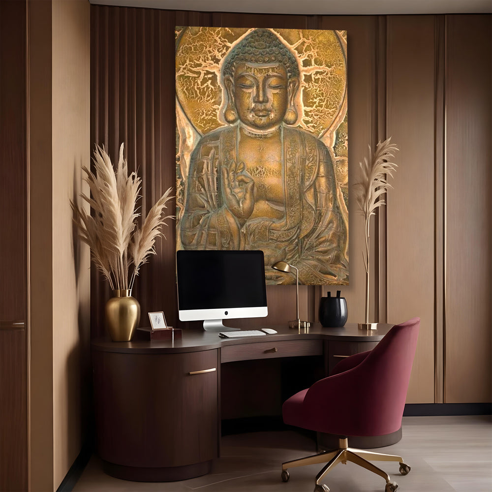 Tablou Canvas Premium LuxCanva® I104, Aur si Intelepciune, Buddha, Aur, Zen, Meditatie, Pace, Liniste, Echilibru, Energie, Spiritualitate, Lotus, Living, Dormitor