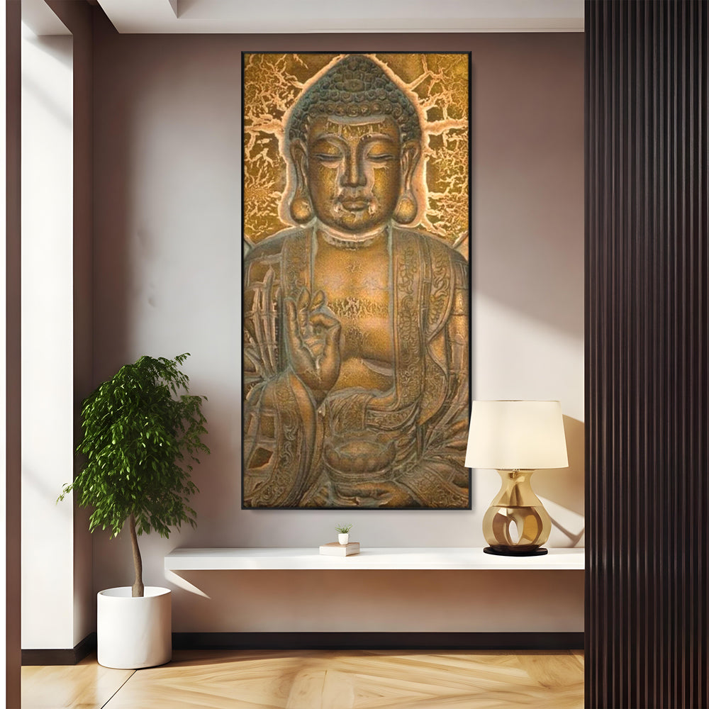 Tablou Canvas Premium LuxCanva® I104, Aur si Intelepciune, Buddha, Aur, Zen, Meditatie, Pace, Liniste, Echilibru, Energie, Spiritualitate, Lotus, Living, Dormitor