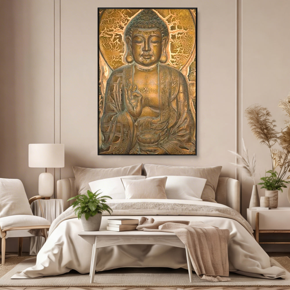 Tablou Canvas Premium LuxCanva® I104, Aur si Intelepciune, Buddha, Aur, Zen, Meditatie, Pace, Liniste, Echilibru, Energie, Spiritualitate, Lotus, Living, Dormitor
