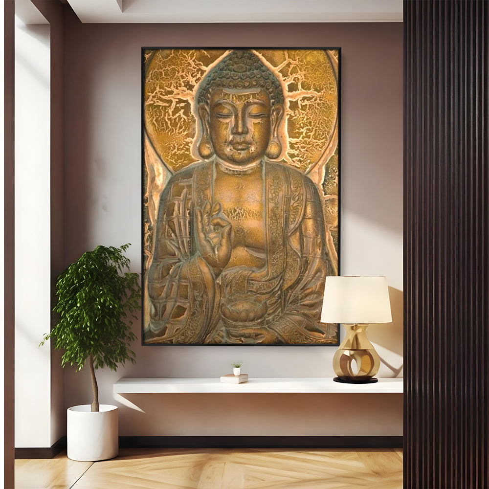 Tablou Canvas Premium LuxCanva® I104, Aur si Intelepciune, Buddha, Aur, Zen, Meditatie, Pace, Liniste, Echilibru, Energie, Spiritualitate, Lotus, Living, Dormitor