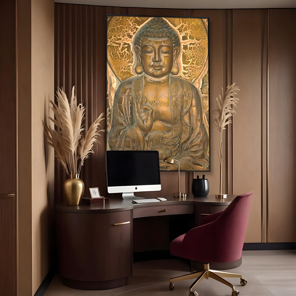 Tablou Canvas Premium LuxCanva® I104, Aur si Intelepciune, Buddha, Aur, Zen, Meditatie, Pace, Liniste, Echilibru, Energie, Spiritualitate, Lotus, Living, Dormitor