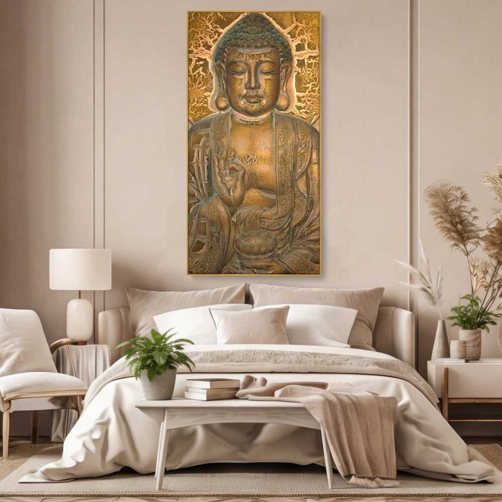Tablou Canvas Premium LuxCanva® I104, Aur si Intelepciune, Buddha, Aur, Zen, Meditatie, Pace, Liniste, Echilibru, Energie, Spiritualitate, Lotus, Living, Dormitor