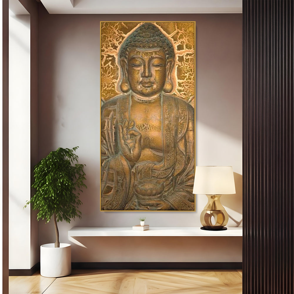 Tablou Canvas Premium LuxCanva® I104, Aur si Intelepciune, Buddha, Aur, Zen, Meditatie, Pace, Liniste, Echilibru, Energie, Spiritualitate, Lotus, Living, Dormitor