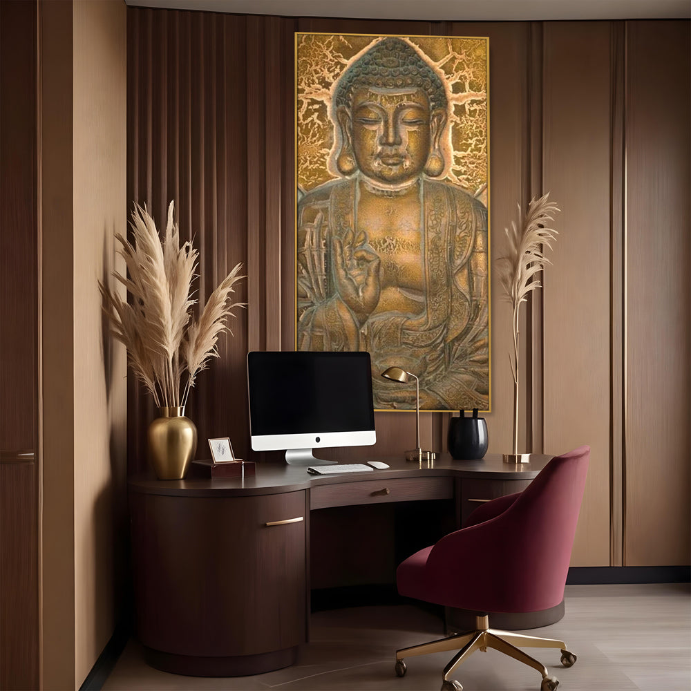 Tablou Canvas Premium LuxCanva® I104, Aur si Intelepciune, Buddha, Aur, Zen, Meditatie, Pace, Liniste, Echilibru, Energie, Spiritualitate, Lotus, Living, Dormitor